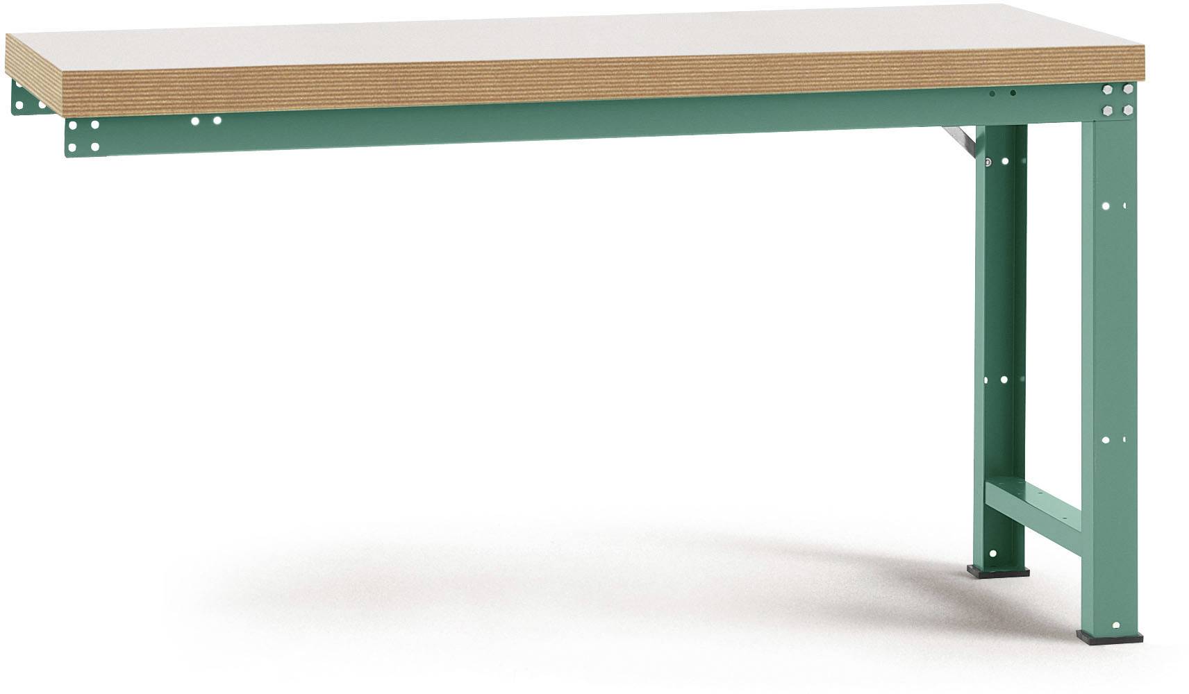 Ein grüner Tisch mit einer Holzplatte und Metallrahmen. Der Tisch hat ein schlichtes, industrielles Design.