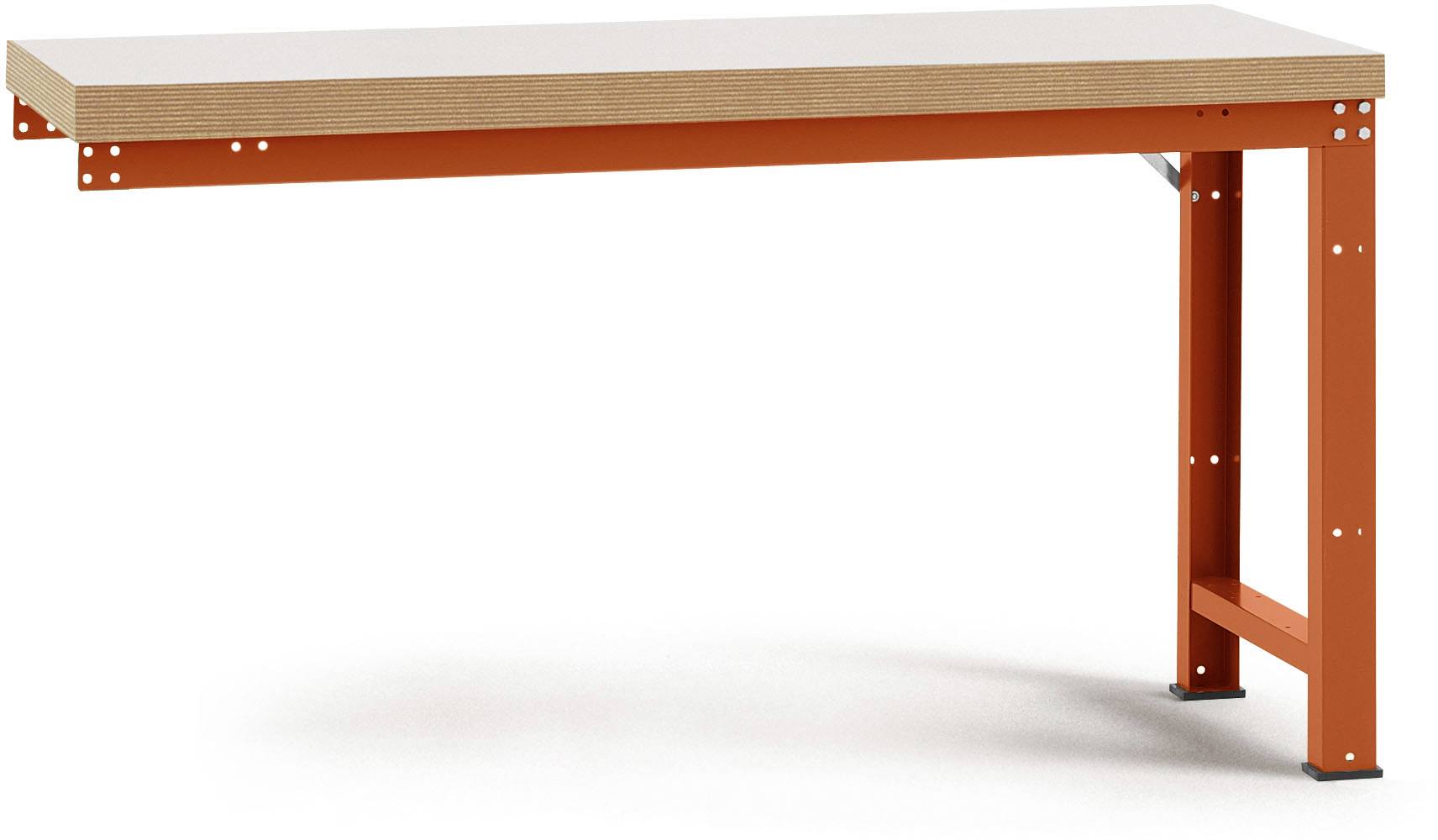 Ein einfacher, moderner Tisch mit einer hellen Holzplatte und einem orangefarbenen Metallgestell, ohne Gegenstände darauf.