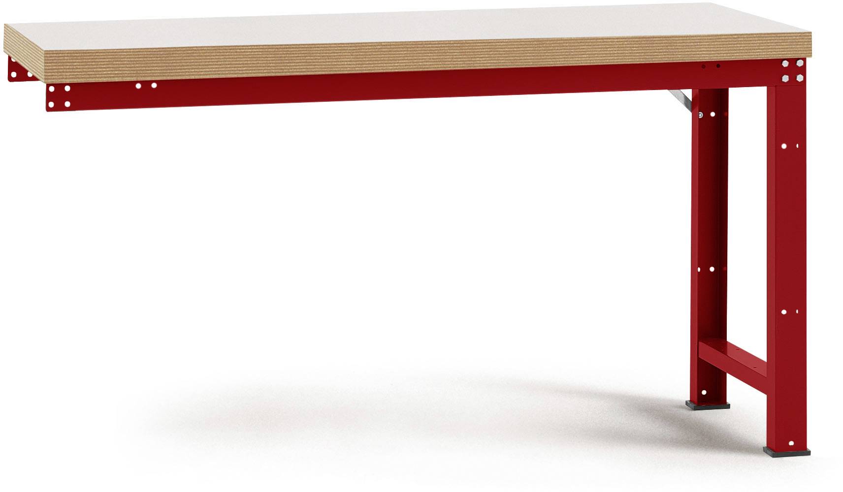 Ein Holztisch mit roten Metallbeinen, schlichtes Design.