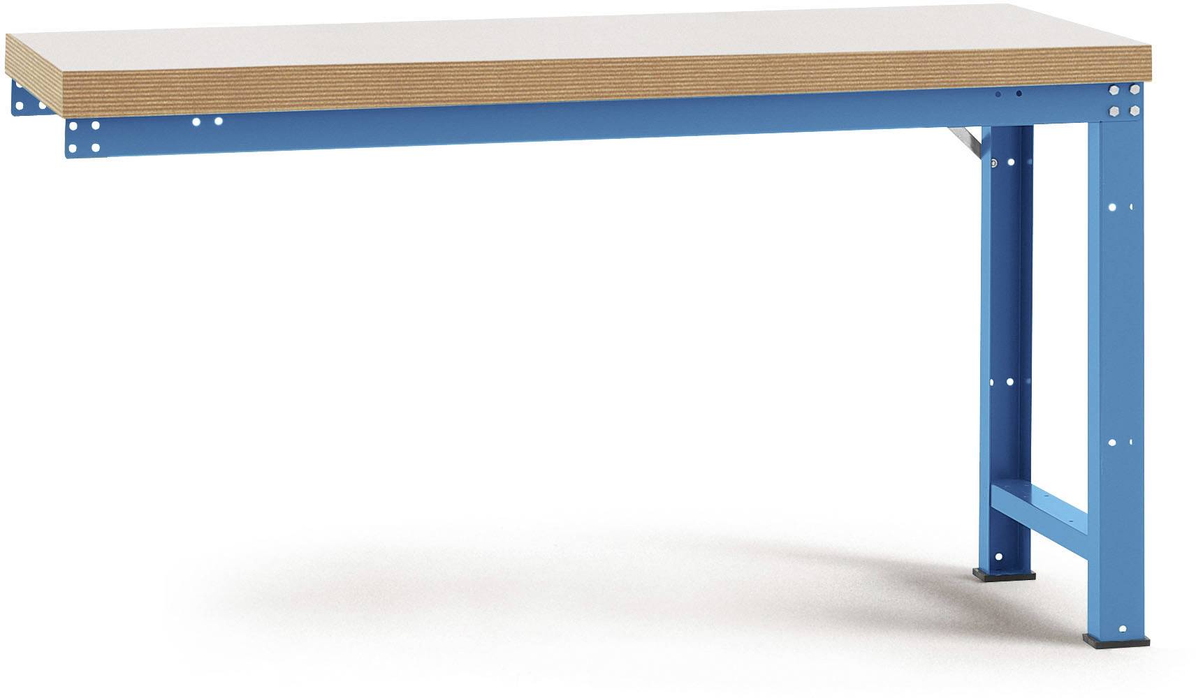 Ein robuster Tisch mit blauer Metallstruktur und einer hellen Holzplatte, geeignet für Werkstätten oder industrielle Umgebungen.