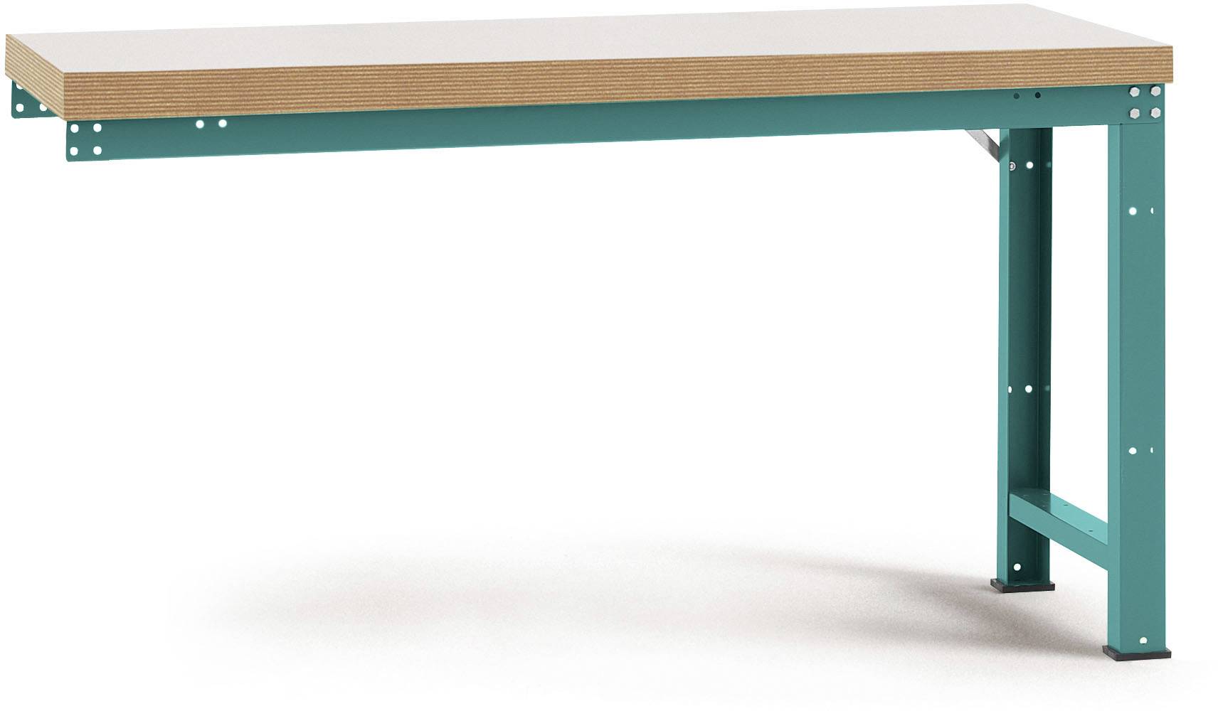 Ein stabiler Tisch mit türkisfarbenem Stahlrahmen und heller Holzoberfläche. Elegantes Design, ideal für Werkstätten oder Büros.