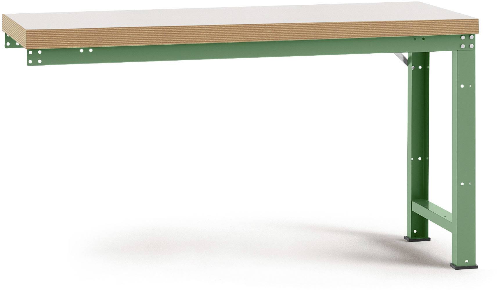 Grüner Tischrahmen mit weißer Tischplatte, speziell für Werkstätten konzipiert, zeigt robuste Bauweise und funktionales Design.