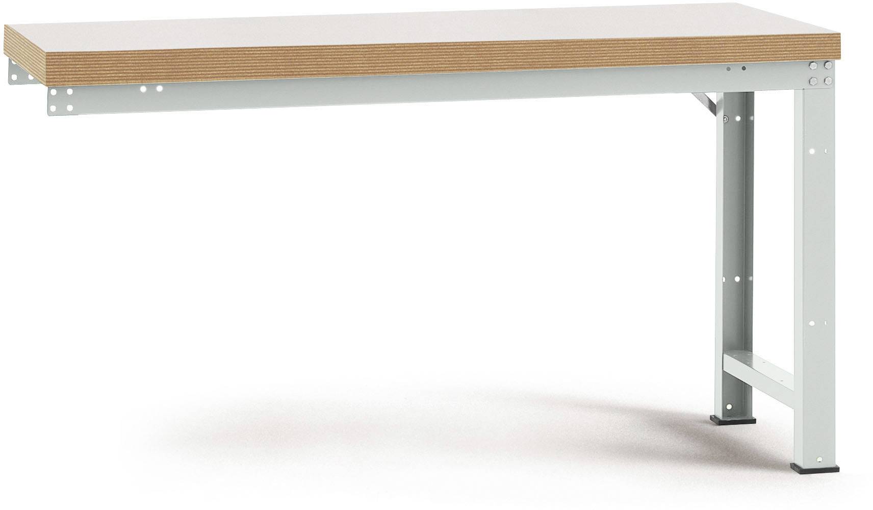 Ein Holz-Arbeitstisch mit Metallrahmen, rechteckige Form, keine sichtbaren Werkzeuge oder Objekte darauf.