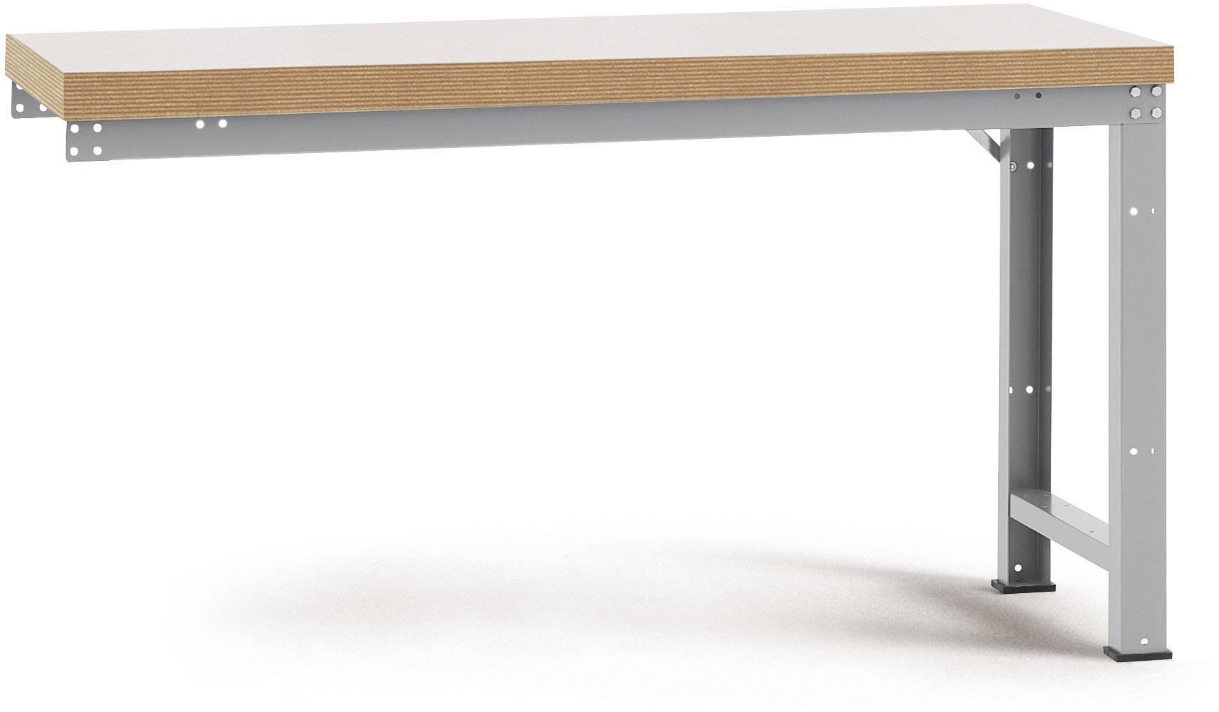 Metalltisch mit rechteckiger Holzplatte und stabilem, silbernem Metallrahmen. Geeignet für industrielle oder handwerkliche Nutzung.