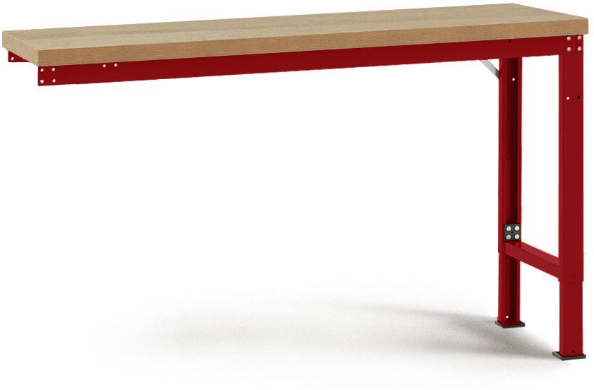 Roter Arbeitstisch aus Metall mit Holzplatte, freistehend, ohne sichtbare Gegenstände oder Dekoration darauf.