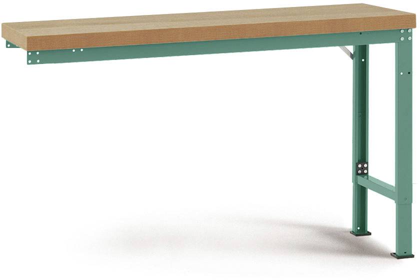 Ein Schreibtisch mit einem hölzernen Tischplattenaufsatz und grünen Metallbeinen in einem minimalistischen Design.