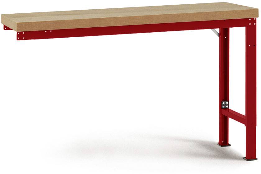 Ein stabiler Tisch mit einer Holzplatte und roten Metallbeinen, geeignet für Werkstatt- oder industrielle Anwendungen.