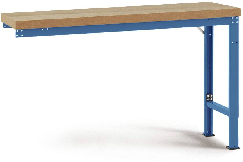 Ein blauer Arbeitsbankrahmen aus Metall mit einer natürlichen Holzarbeitsplatte. Die Konstruktion ist stabil und funktional.