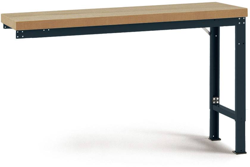 Ein Arbeitstisch mit einem hellen Holzoberteil und dunklen Metallbeinen. Das Metallgestell ist robust und hat eine einfache, funktionale Struktur.