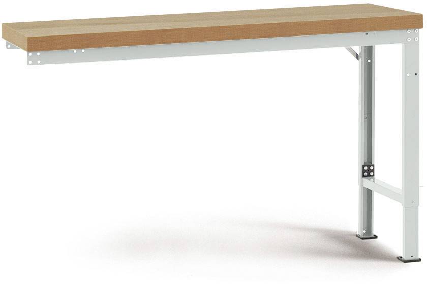 Ein einfacher Tisch mit einem Holzbrett als Oberfläche und Metallbeinen zur Unterstützung, ohne sichtbare Dekorationen.