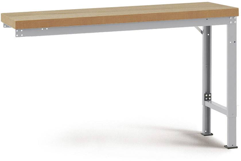 Der Tisch hat eine rechteckige Holzplatte und stabile, graue Metallbeine. Er eignet sich für Büro- oder Werkstattarbeiten.