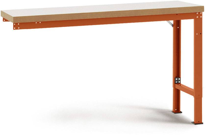 Ein stabiler Werktisch mit einer Holzplatte und orangefarbenen Stahlbeinen, geeignet für Werkstatt- oder Garagennutzung.