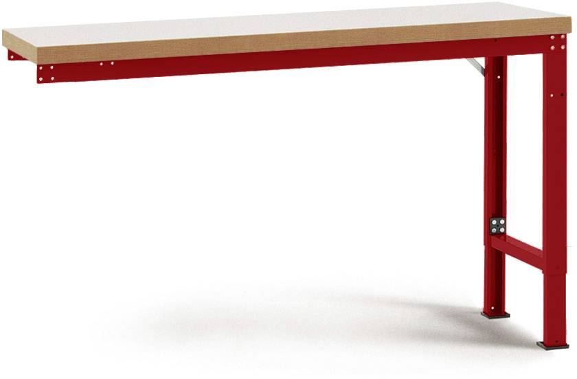 Rechteckiger Tisch mit rotem Metallgestell und hellem Holztischplatte. Einfache, moderne Design ohne sichtbare Verzierungen.