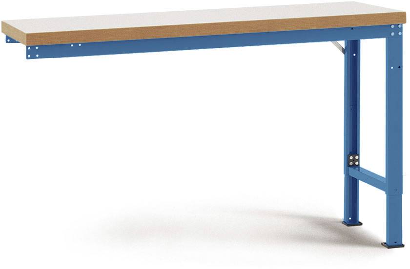 Ein einfacher Tisch mit einer blauen Metallstruktur und einer Holzplatte. Der Tisch hat vier Beine und ist schlicht gestaltet.