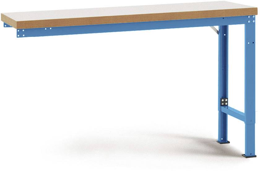 Höhenverstellbarer Tisch mit hellbrauner Platte und blauen Metallbeinen. Geeignet für Arbeits- oder Werkstattumgebungen.