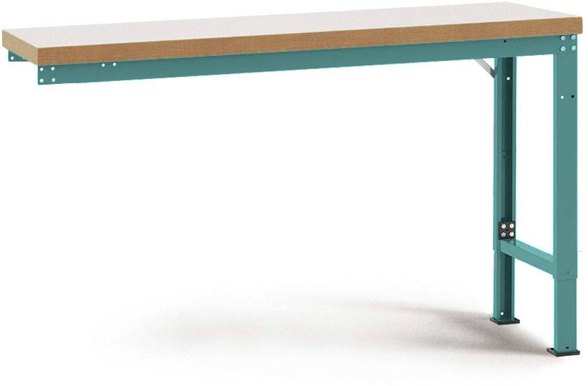 Holztisch mit türkisfarbenem Metallrahmen, freitragend ohne sichtbare Beine auf der rechten Seite.