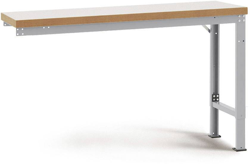 Ein rechter Winkelarbeitsplatz mit einem Holzplatten-Top und stabilen Stahlbeinen. Ideal für Büronutzung oder Werkstattumgebungen.