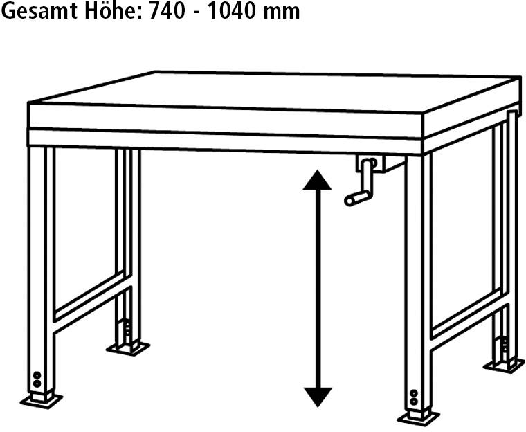 Höhenverstellbarer Tisch mit Kurbelmechanismus, Gesamthöhe von 740 bis 1040 mm.