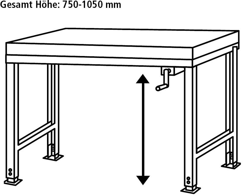 Verstellbarer Tisch mit Kurbel für Höhenverstellung, Höhe 750-1050 mm.