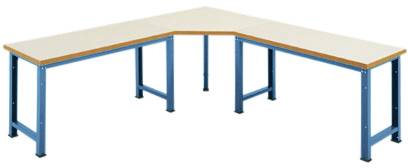 L-förmiger Tisch mit blauem Metallgestell und beiger Oberfläche, geeignet für Büros oder Werkstätten.