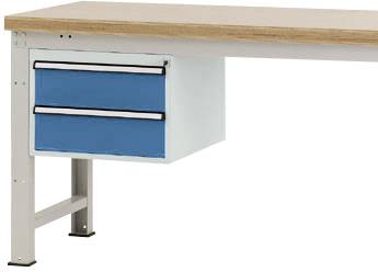 Arbeitstisch mit Metallrahmen, Holzplatte und an der Seite befestigter blauer Schubladenbox mit zwei Schubladen.