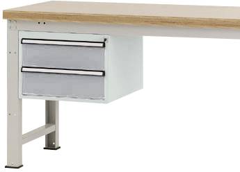 Ein einfacher Schreibtisch mit Holzplatte und Metallrahmen. Unter der Platte befinden sich zwei schmale, silberfarbene Schubladen.
