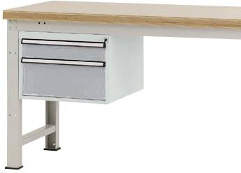 Metalltisch mit Holzplatte und zwei Schubladen auf der linken Seite.