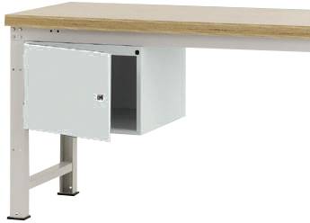 Rechter Teil eines Arbeitstisches mit einer Metallbox darunter. Die Box hat eine offene Tür. Der Tisch hat eine helle Holzoberfläche.