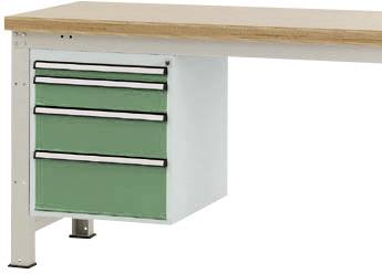 Metallarbeitsplatz mit Tischplatte aus Holz. Unter der Platte befinden sich drei grüne Schubladen an der linken Seite des Tisches.