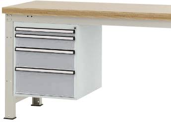 Metallischer Werkstatttisch mit Holzplatte und vier seitlichen Schubladen unter der Tischplatte.