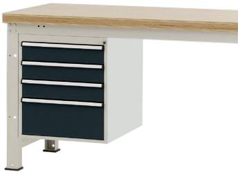 Ein Schreibtisch mit Metallbeinen und Holzplatte. An der linken Seite befinden sich vier Schubladen in einem dunklen Farbton.