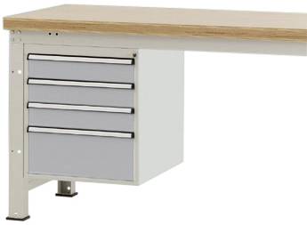 Ein Bürotisch mit Holzplatte und einem Schubladenelement mit vier grauen Schubladen auf der linken Seite.
