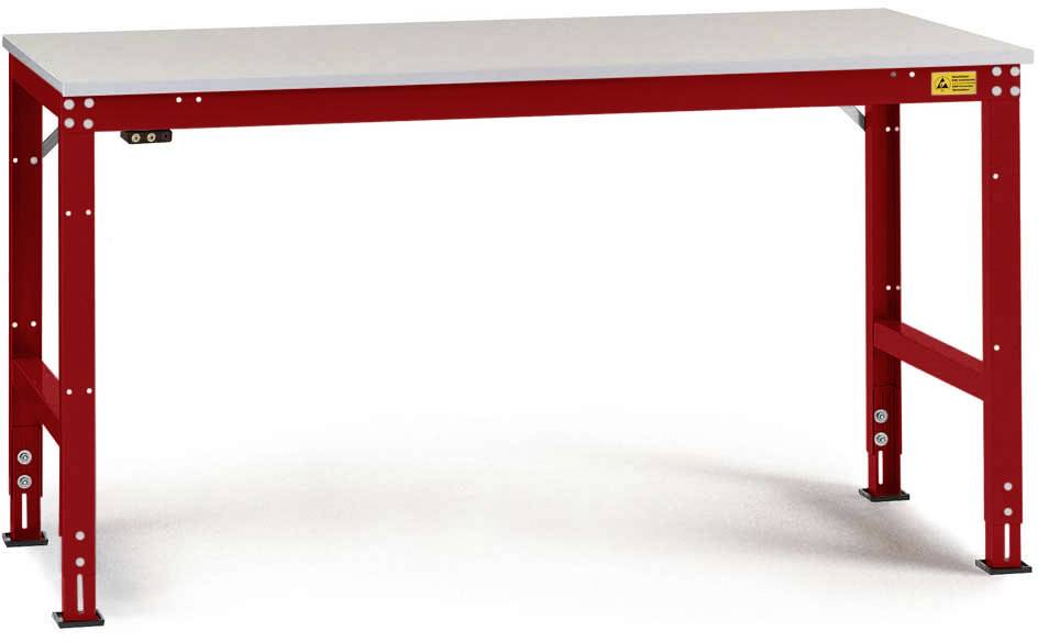 Robuster Arbeitstisch mit rotem Metallgestell und grauer Tischplatte. Verstellbare Füße für Stabilität auf unebenen Flächen.