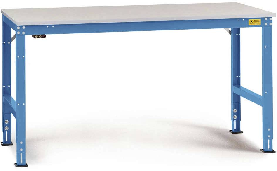 Ein blauer Arbeitstisch mit verstellbaren Metallbeinen und grauer Tischplatte. Stabil und geeignet für Werkstatt- oder Büroanwendungen.