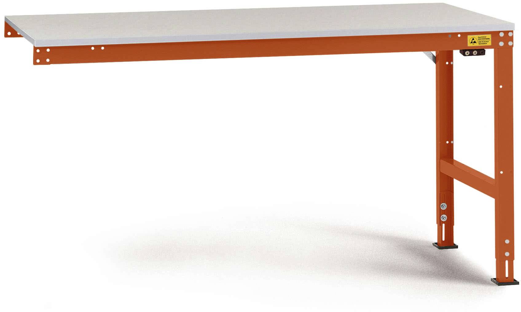 Orange Werkbank mit zwei Beinen und verstellbaren Füßen, geeignet zum Bearbeiten oder Abstellen von Materialien.