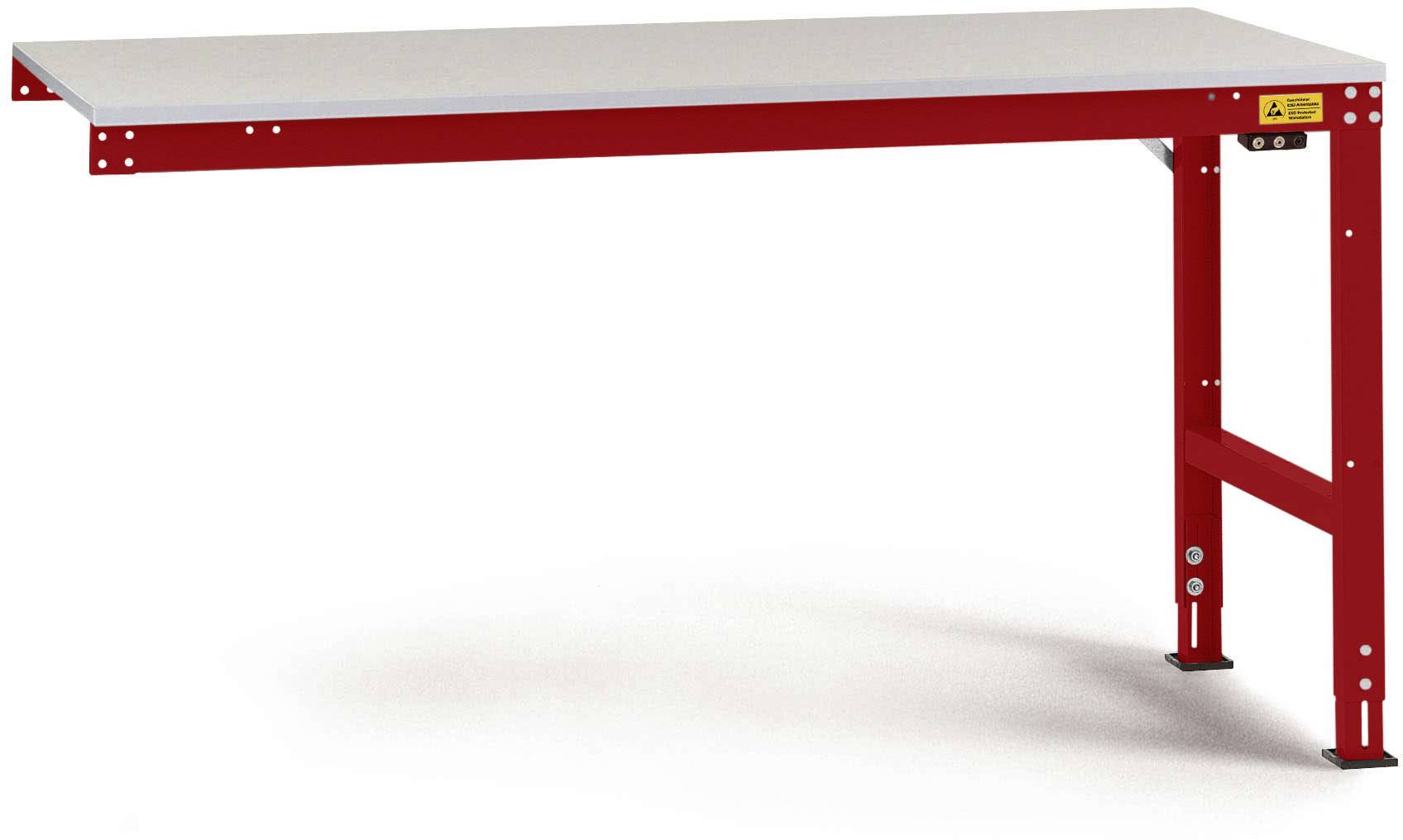 Ein roter Tisch mit stabilem Metallgestell und weißer Tischplatte, geeignet für Arbeitsplätze oder Werkbänke.