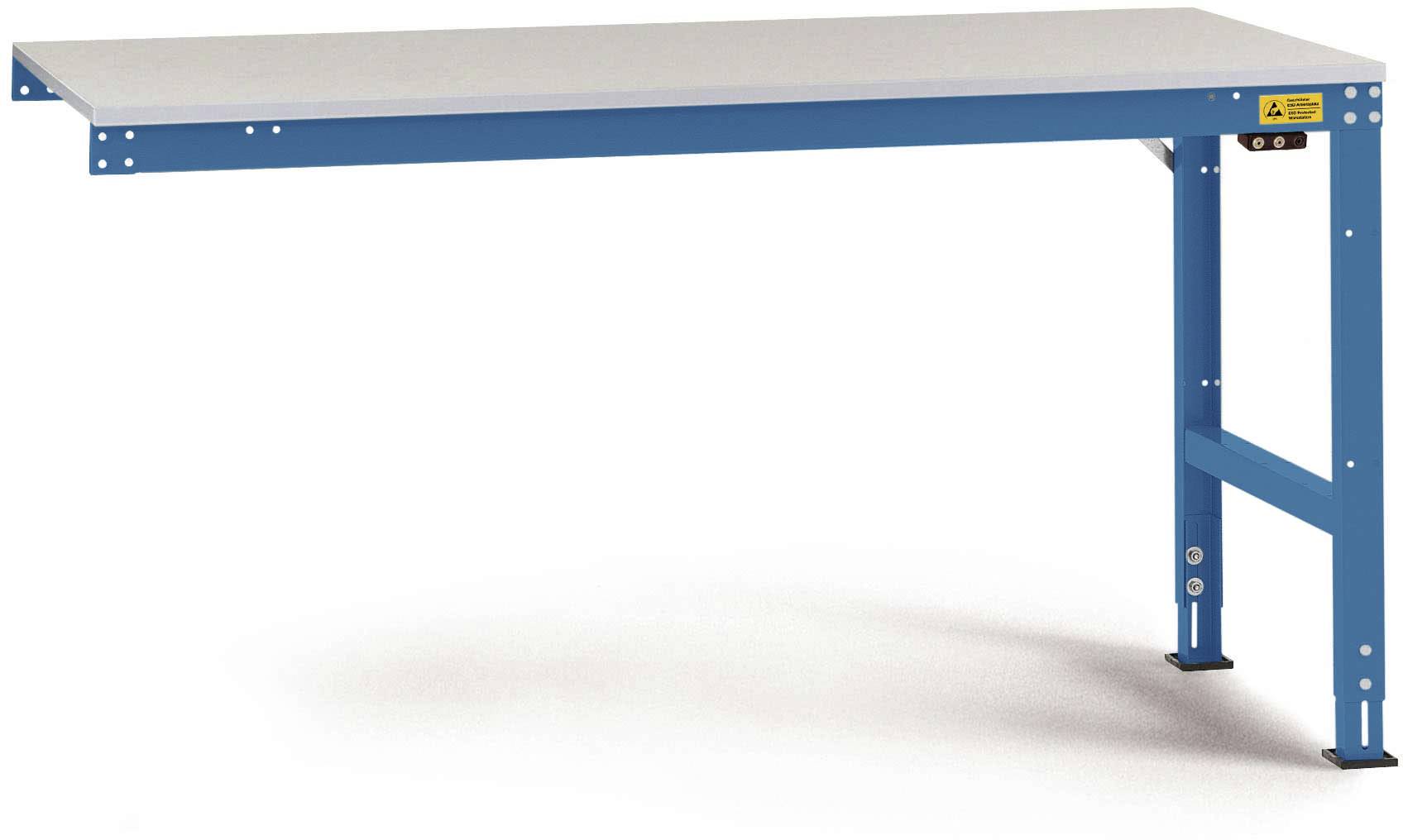 Ein einfacher blauer Metallwerkbank mit zwei Beinen auf der linken Seite und einer Wandbefestigung rechts. Robuste Tischplatte.