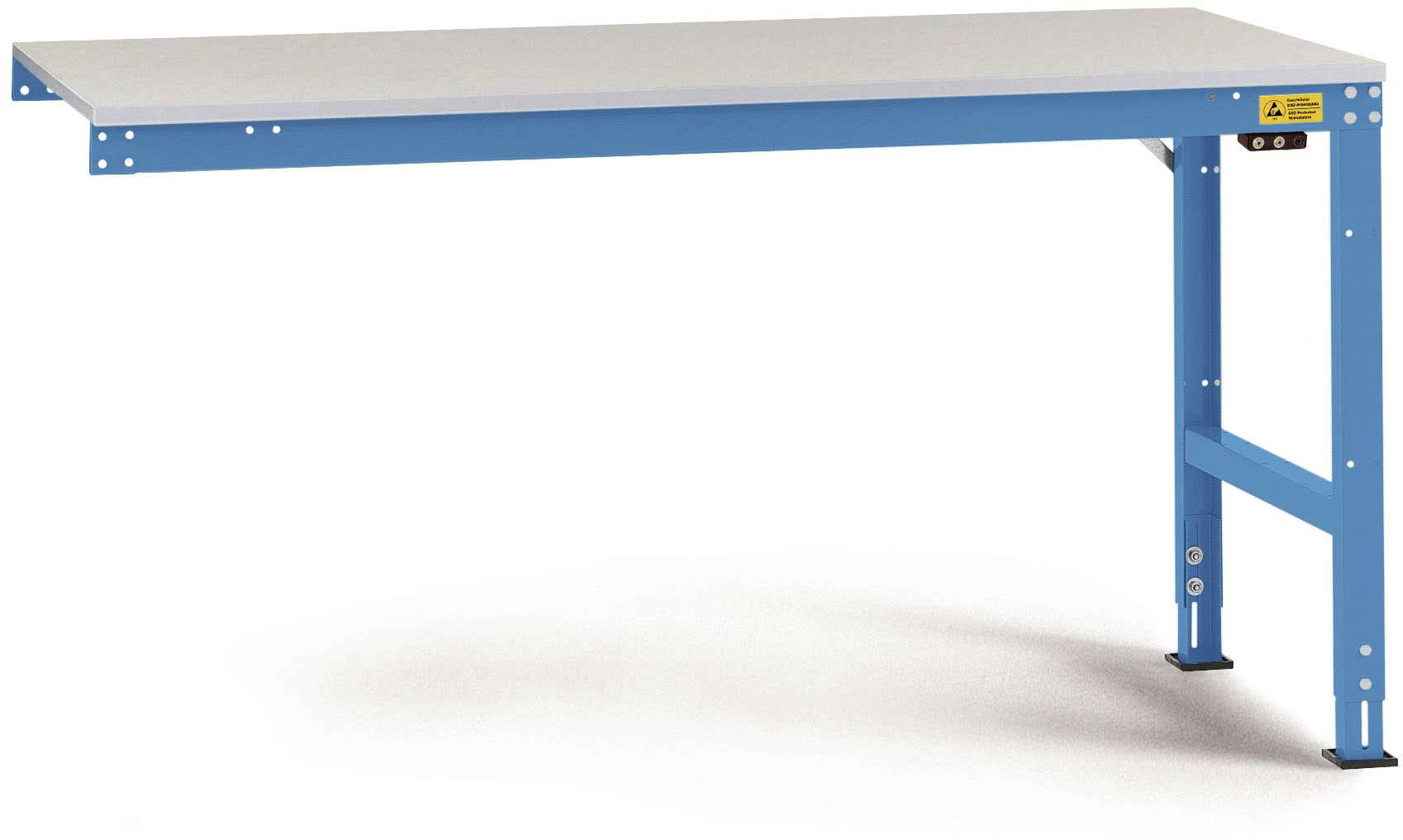 Ein blauer, robuster Metalltisch mit grauer Tischplatte. Der Tisch hat stabile Beine und ist für schwere Lasten geeignet.