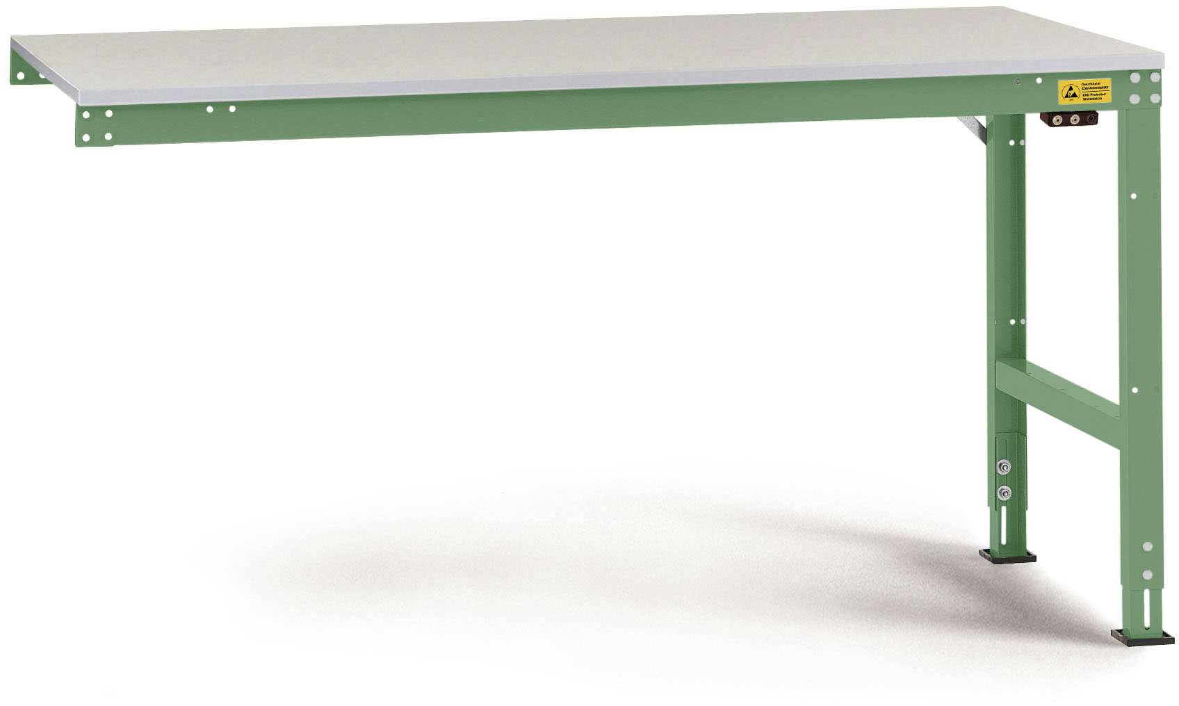 Ein grüner, robuster Arbeitstisch mit Metallbeinen und einer grauen Tischplatte.