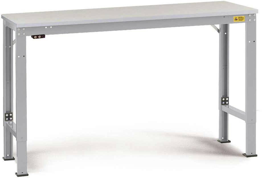 Grauer, rechteckiger Tisch mit Metallbeinen und einer glatten Tischplatte.