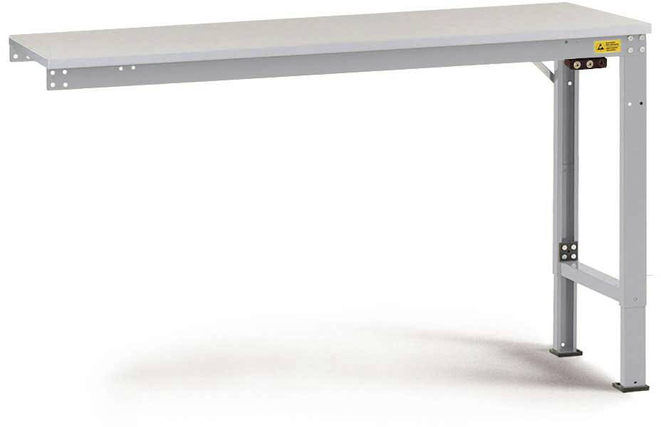 Schlichter grauer Tisch mit Metallkonstruktion und vier Beinen.