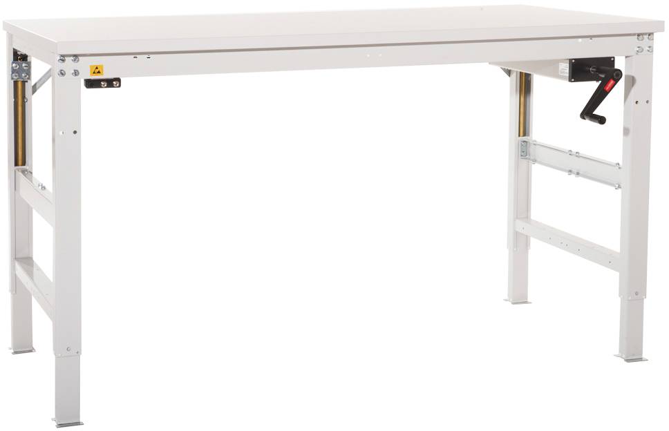 Ein höhenverstellbarer Tisch mit Kurbel, metallisch und funktional gestaltet, ermöglicht ergonomisches Arbeiten im Stehen oder Sitzen.