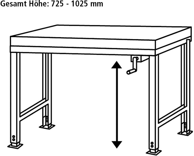 Manuell höhenverstellbarer Tisch; Gesamthöhe 725 - 1025 mm; Kurbel für Höhenanpassung.