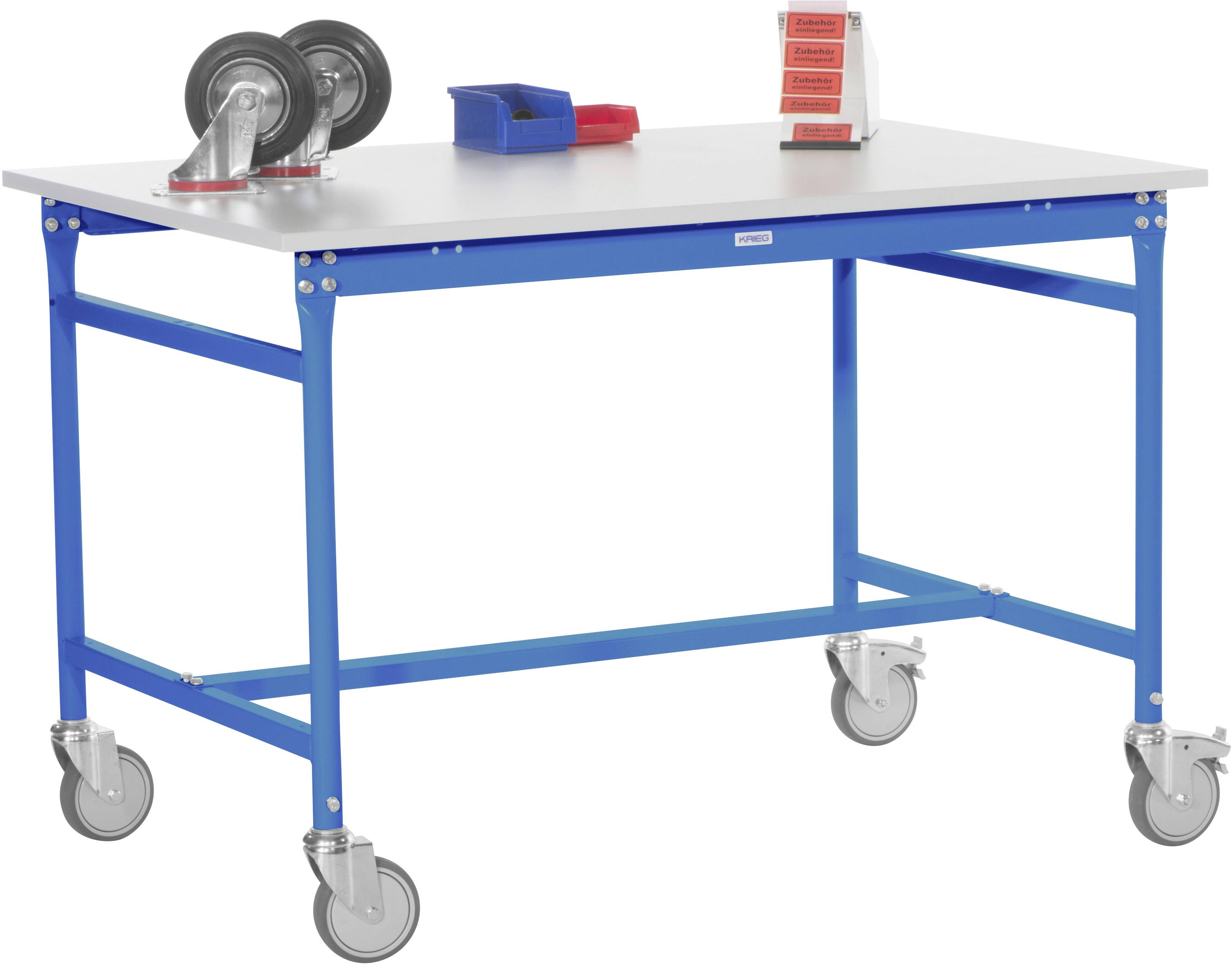 Ein blauer Arbeitstisch mit Rollen, darauf zwei kleine Räder, eine rote Box und ein Notizzettelhalter.
