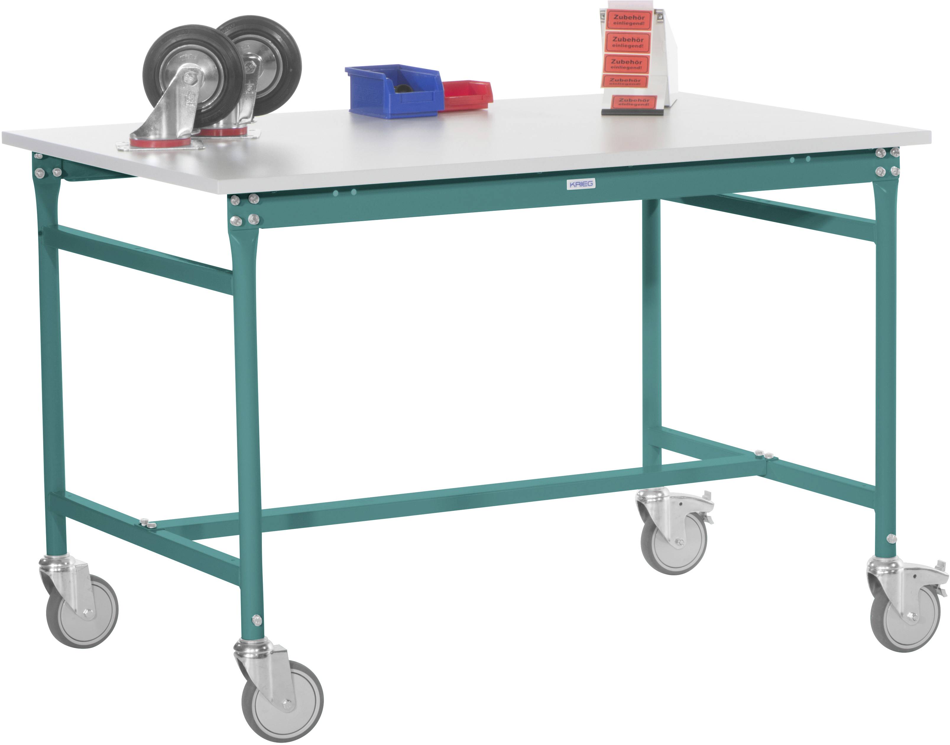 Arbeitstisch auf vier Rädern mit blauem und rotem Werkzeugbehälter und Rollen auf der Tischplatte.