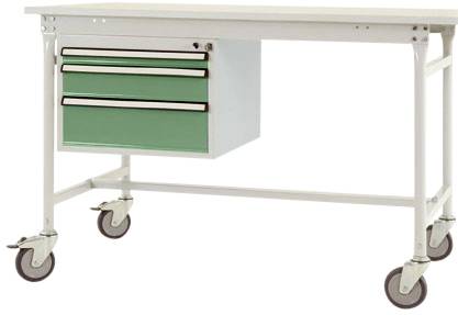 Ein Metalltisch auf Rollen mit zwei grünen Schubladen auf der linken Seite, geeignet für Werkstattoder Laborumgebungen.