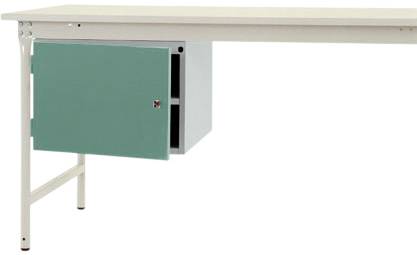Tisch mit grüner, schließbarer Unterbau-Schublade an der rechten Seite. Perfekt für Büro- oder Schularbeiten, bietet Stauraum.