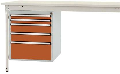 Arbeitstisch mit integriertem Metallschubladenschrank, vier orangefarbene Schubladen auf der linken Seite.