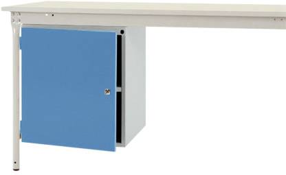 Ein weißer Schreibtisch mit einem blauen, leicht geöffneten Schrank unter der Tischplatte auf der linken Seite.