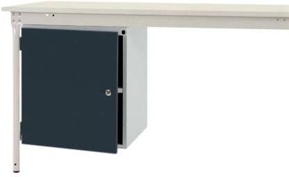Metalltisch mit hellgrauer Oberfläche und schwarzem Schrank, der sich an der linken unteren Seite befindet.